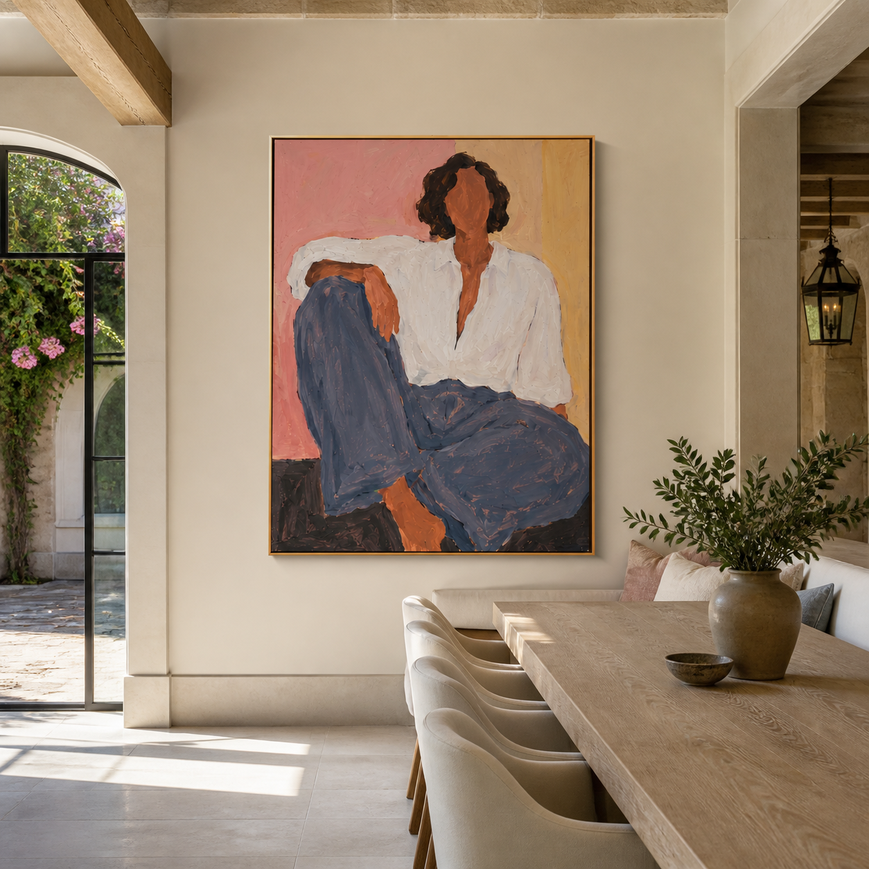 Blue Trousers Rest Blush - seated woman in blue painting by Marcus Lau, retro modern vertical wall art – styled room scene view 5