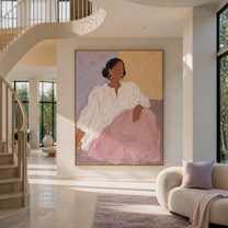 Lilac Skirt Meets Light - seated woman in lilac painting by Marcus Lau, retro modern vertical wall art – styled room scene view 1