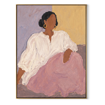 Lilac Skirt Meets Light - seated woman in lilac painting by Marcus Lau, retro modern vertical wall art – wood frame on white background