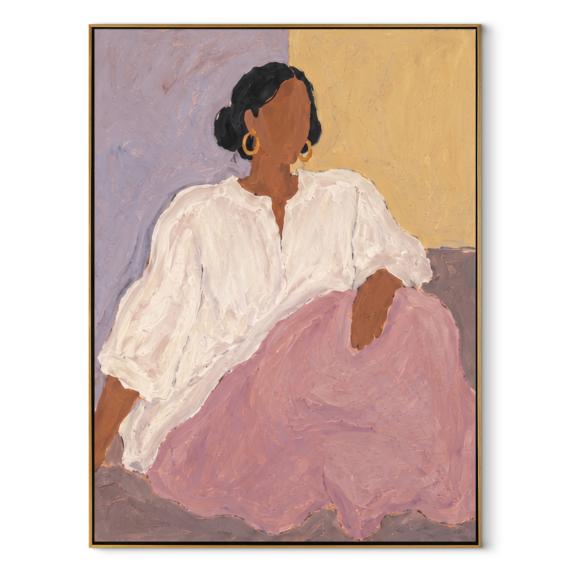 Lilac Skirt Meets Light - seated woman in lilac painting by Marcus Lau, retro modern vertical wall art – wood frame on white background
