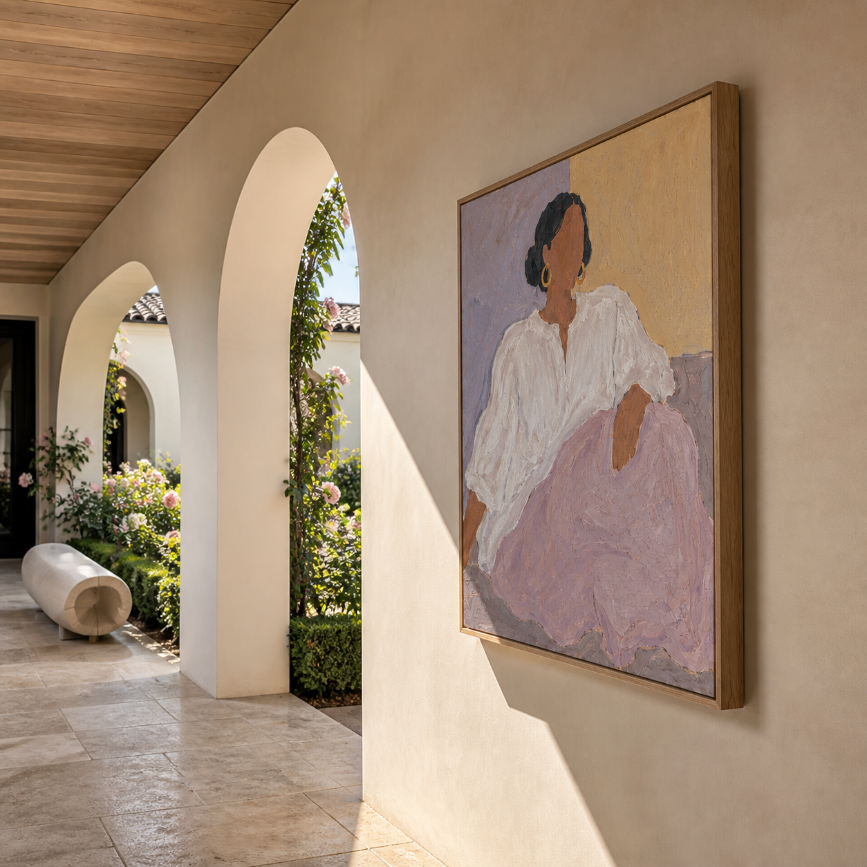 Lilac Skirt Meets Light - seated woman in lilac painting by Marcus Lau, retro modern vertical wall art – styled room scene view 2