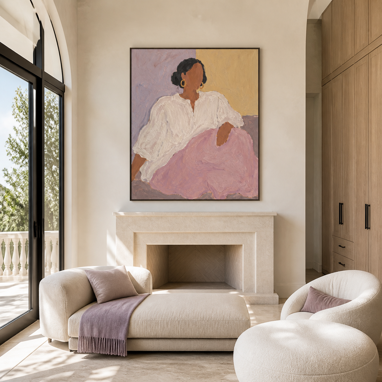 Lilac Skirt Meets Light - seated woman in lilac painting by Marcus Lau, retro modern vertical wall art – styled room scene view 3