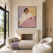 Lilac Skirt Meets Light - seated woman in lilac painting by Marcus Lau, retro modern vertical wall art – styled room scene view 3