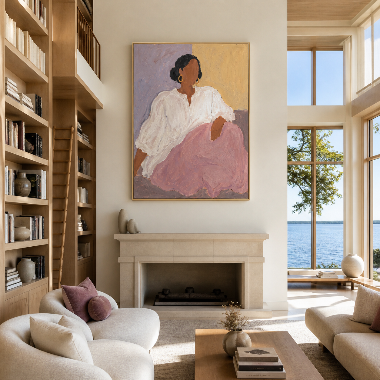 Lilac Skirt Meets Light - seated woman in lilac painting by Marcus Lau, retro modern vertical wall art – styled room scene view 4