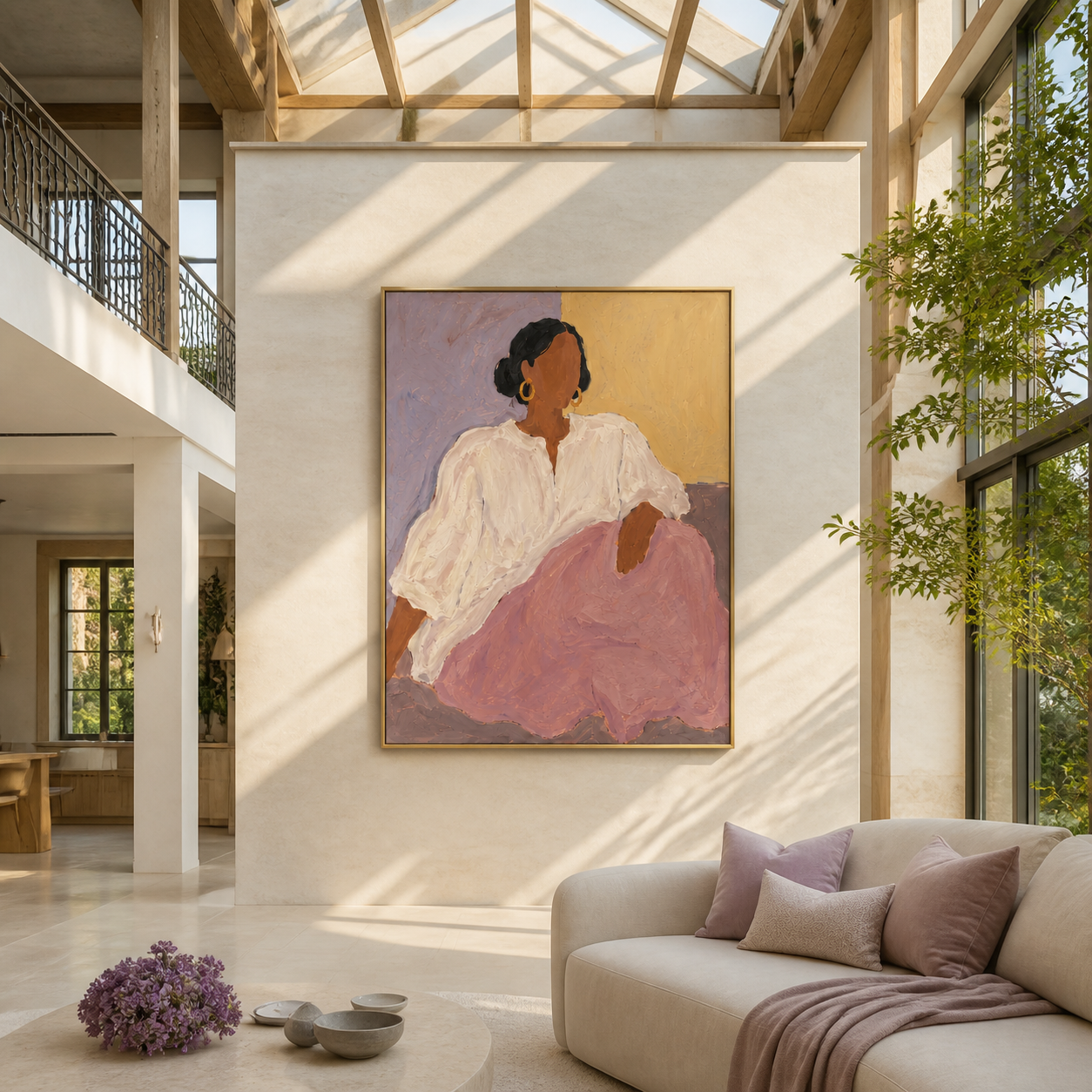 Lilac Skirt Meets Light - seated woman in lilac painting by Marcus Lau, retro modern vertical wall art – styled room scene view 5