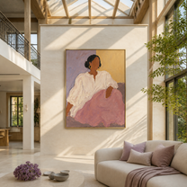 Lilac Skirt Meets Light - seated woman in lilac painting by Marcus Lau, retro modern vertical wall art – styled room scene view 5