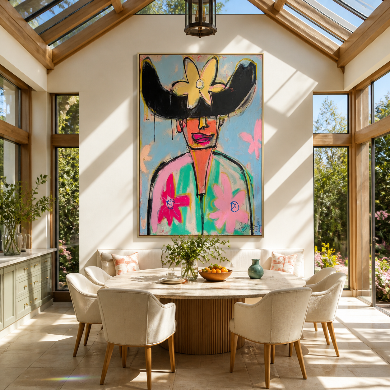 Wild Flowers Crown Color - colorful floral hat portrait by Marcus Lau, retro modern vertical wall art – styled room scene view 1