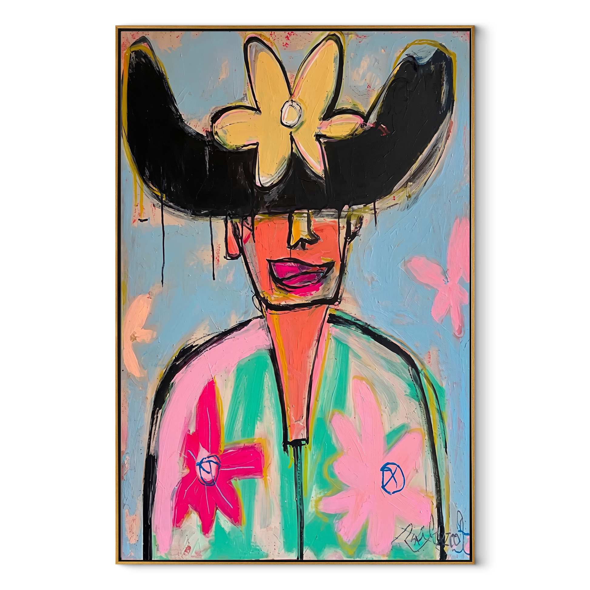 Wild Flowers Crown Color - colorful floral hat portrait by Marcus Lau, retro modern vertical wall art – wood frame on white background