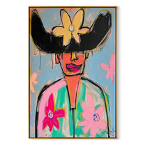 Wild Flowers Crown Color - colorful floral hat portrait by Marcus Lau, retro modern vertical wall art – wood frame on white background