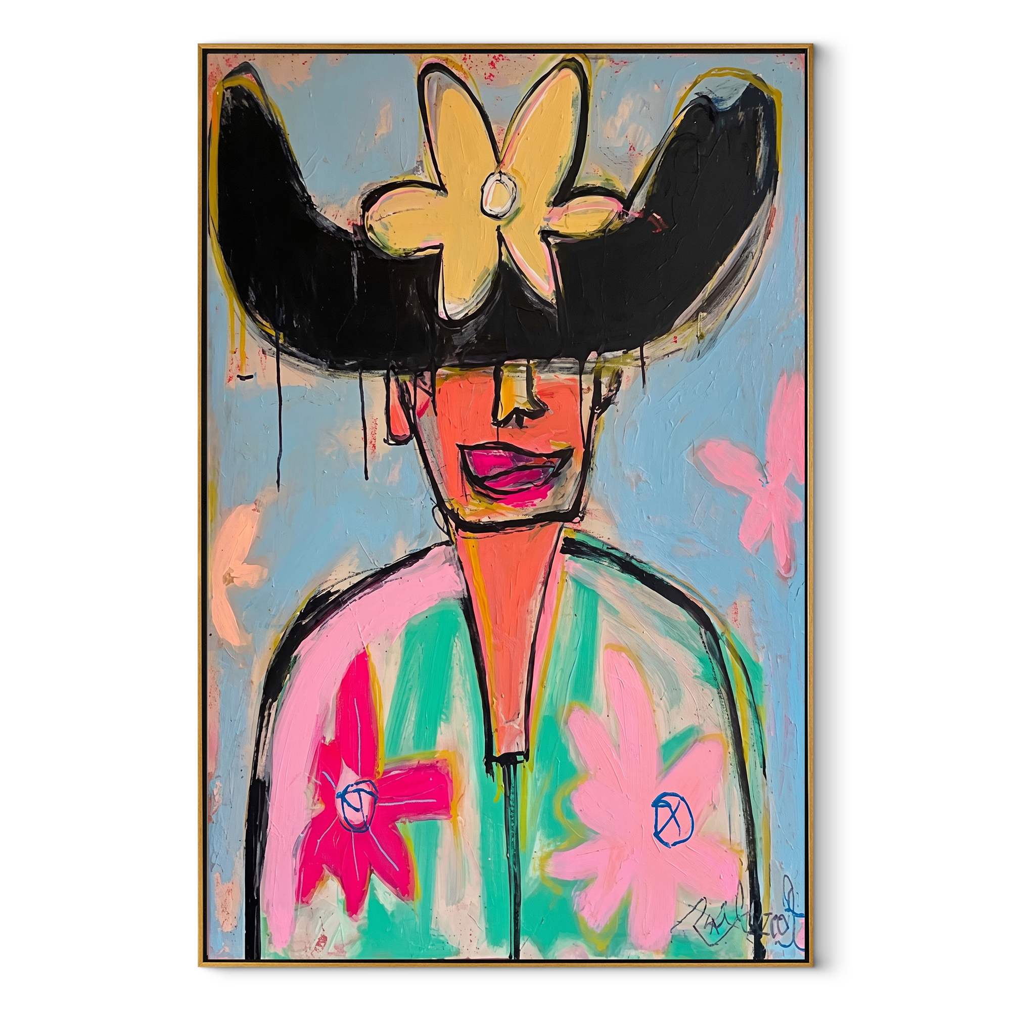 Wild Flowers Crown Color - colorful floral hat portrait by Marcus Lau, retro modern vertical wall art – wood frame on white background