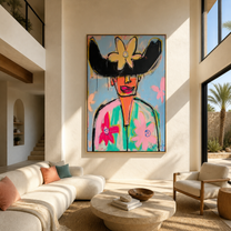 Wild Flowers Crown Color - colorful floral hat portrait by Marcus Lau, retro modern vertical wall art – styled room scene view 2