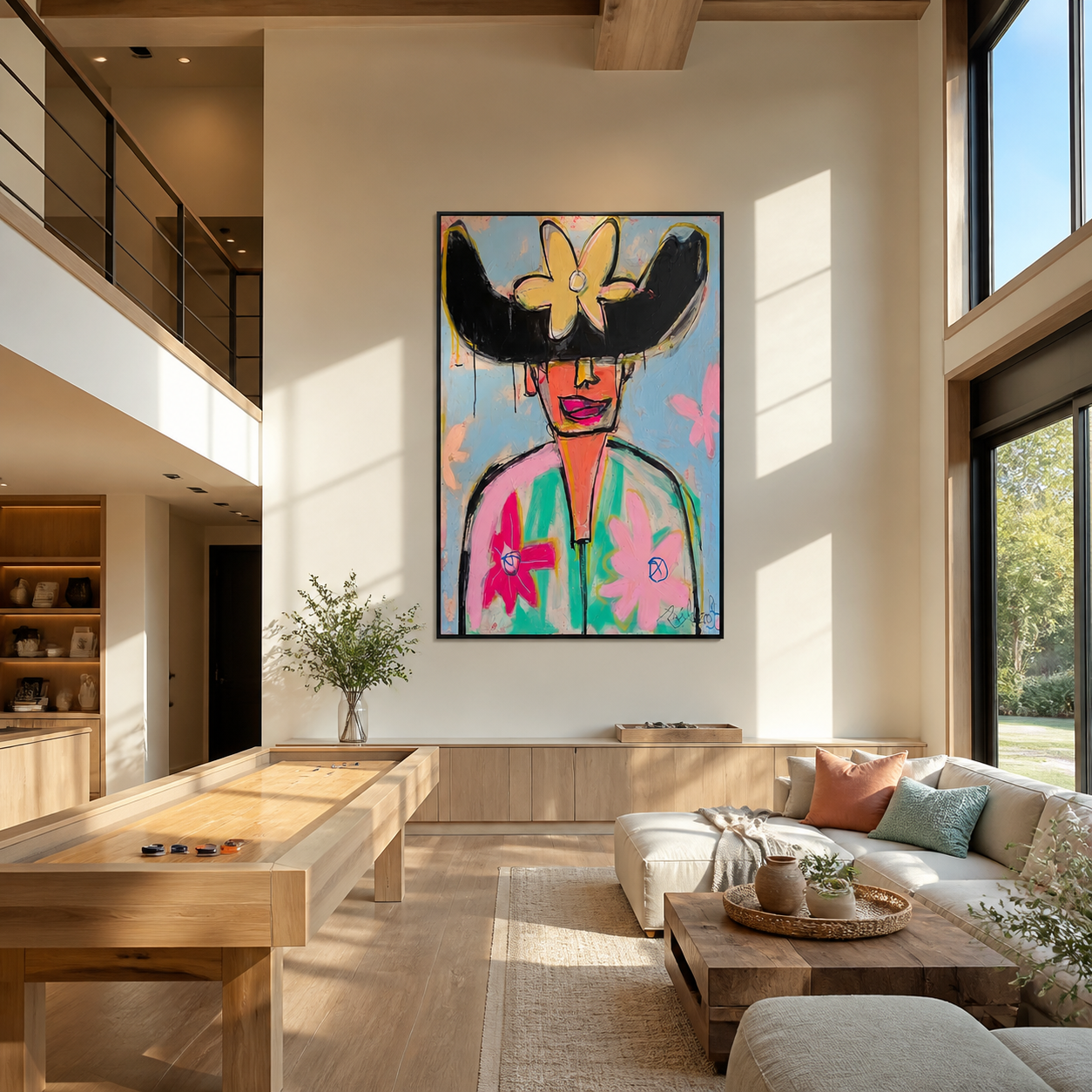 Wild Flowers Crown Color - colorful floral hat portrait by Marcus Lau, retro modern vertical wall art – styled room scene view 4