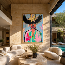 Wild Flowers Crown Color - colorful floral hat portrait by Marcus Lau, retro modern vertical wall art – styled room scene view 5
