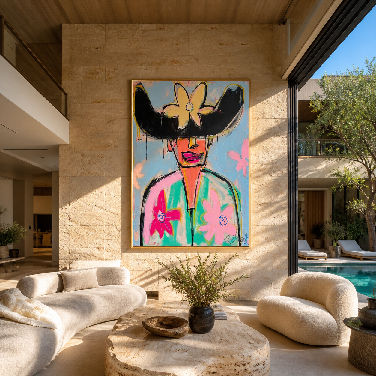 Wild Flowers Crown Color - colorful floral hat portrait by Marcus Lau, retro modern vertical wall art – styled room scene view 5