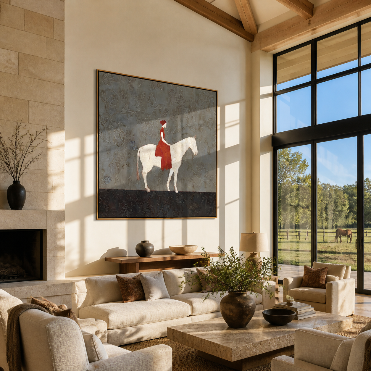 Red Rider Crosses Gray - woman on white horse painting by Marcus Lau, retro modern square wall art – styled room scene view 1