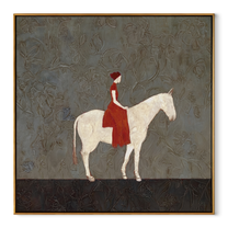 Red Rider Crosses Gray - woman on white horse painting by Marcus Lau, retro modern square wall art – wood frame on white background