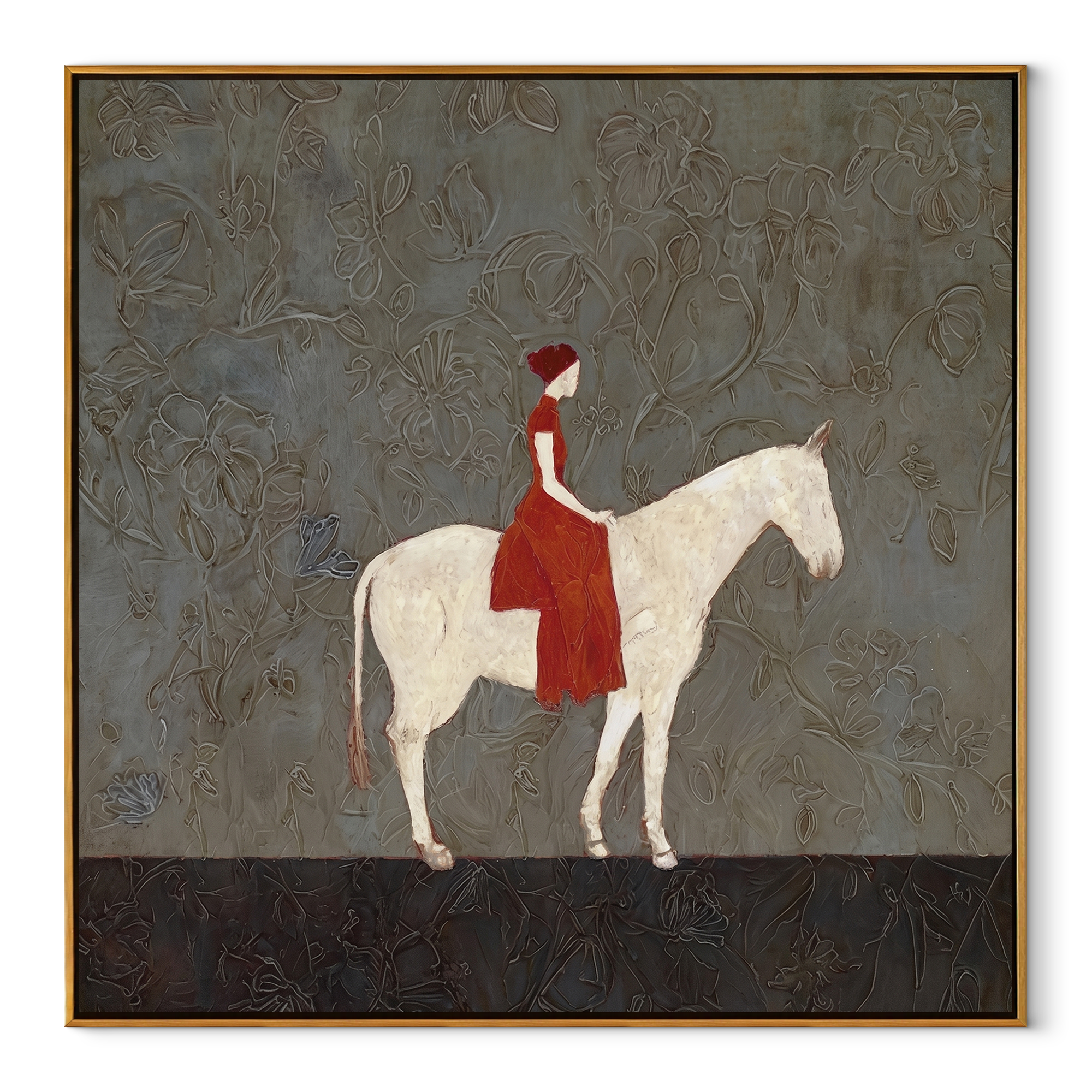 Red Rider Crosses Gray - woman on white horse painting by Marcus Lau, retro modern square wall art – wood frame on white background