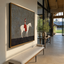Red Rider Crosses Gray - woman on white horse painting by Marcus Lau, retro modern square wall art – styled room scene view 2