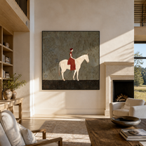 Red Rider Crosses Gray - woman on white horse painting by Marcus Lau, retro modern square wall art – styled room scene view 3