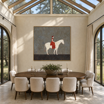 Red Rider Crosses Gray - woman on white horse painting by Marcus Lau, retro modern square wall art – styled room scene view 4