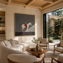 Red Rider Crosses Gray - woman on white horse painting by Marcus Lau, retro modern square wall art – styled room scene view 5