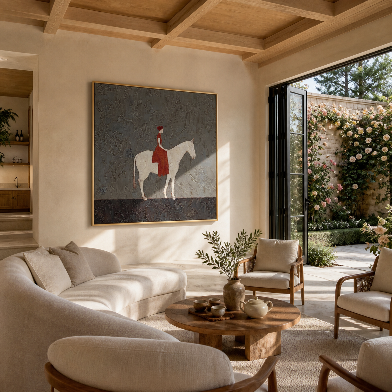 Red Rider Crosses Gray - woman on white horse painting by Marcus Lau, retro modern square wall art – styled room scene view 5