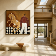 Pale Horse Rises Checked - man with rearing horse painting by Marcus Lau, retro modern square wall art – styled room scene view 1