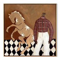 Pale Horse Rises Checked - man with rearing horse painting by Marcus Lau, retro modern square wall art – wood frame on white background