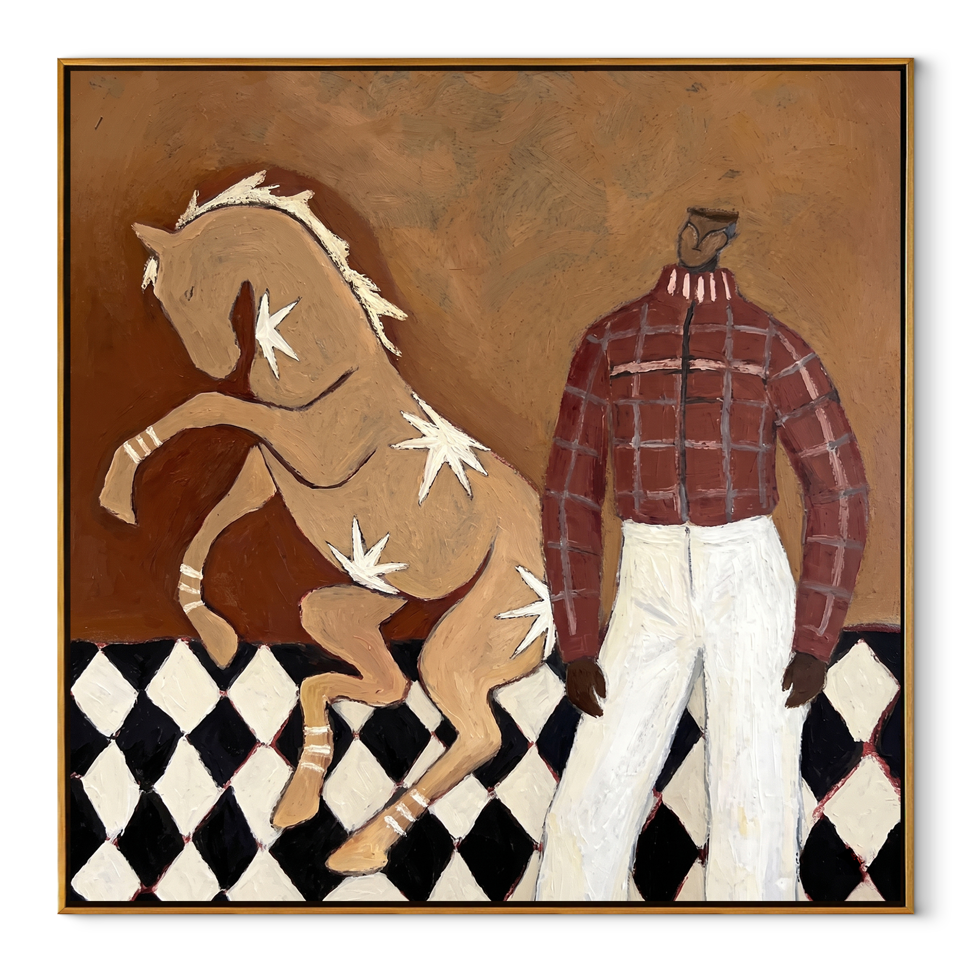Pale Horse Rises Checked - man with rearing horse painting by Marcus Lau, retro modern square wall art – wood frame on white background