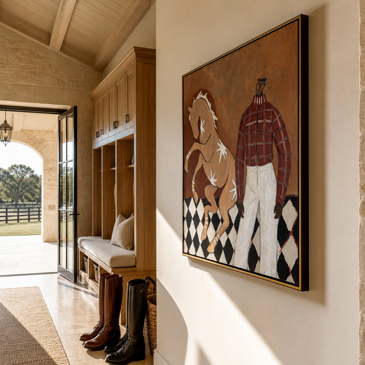 Pale Horse Rises Checked - man with rearing horse painting by Marcus Lau, retro modern square wall art – styled room scene view 2
