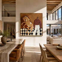 Pale Horse Rises Checked - man with rearing horse painting by Marcus Lau, retro modern square wall art – styled room scene view 4