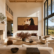Wine Waits Beside Horse - man and black horse painting by Marcus Lau, retro modern horizontal wall art – styled room scene view 1