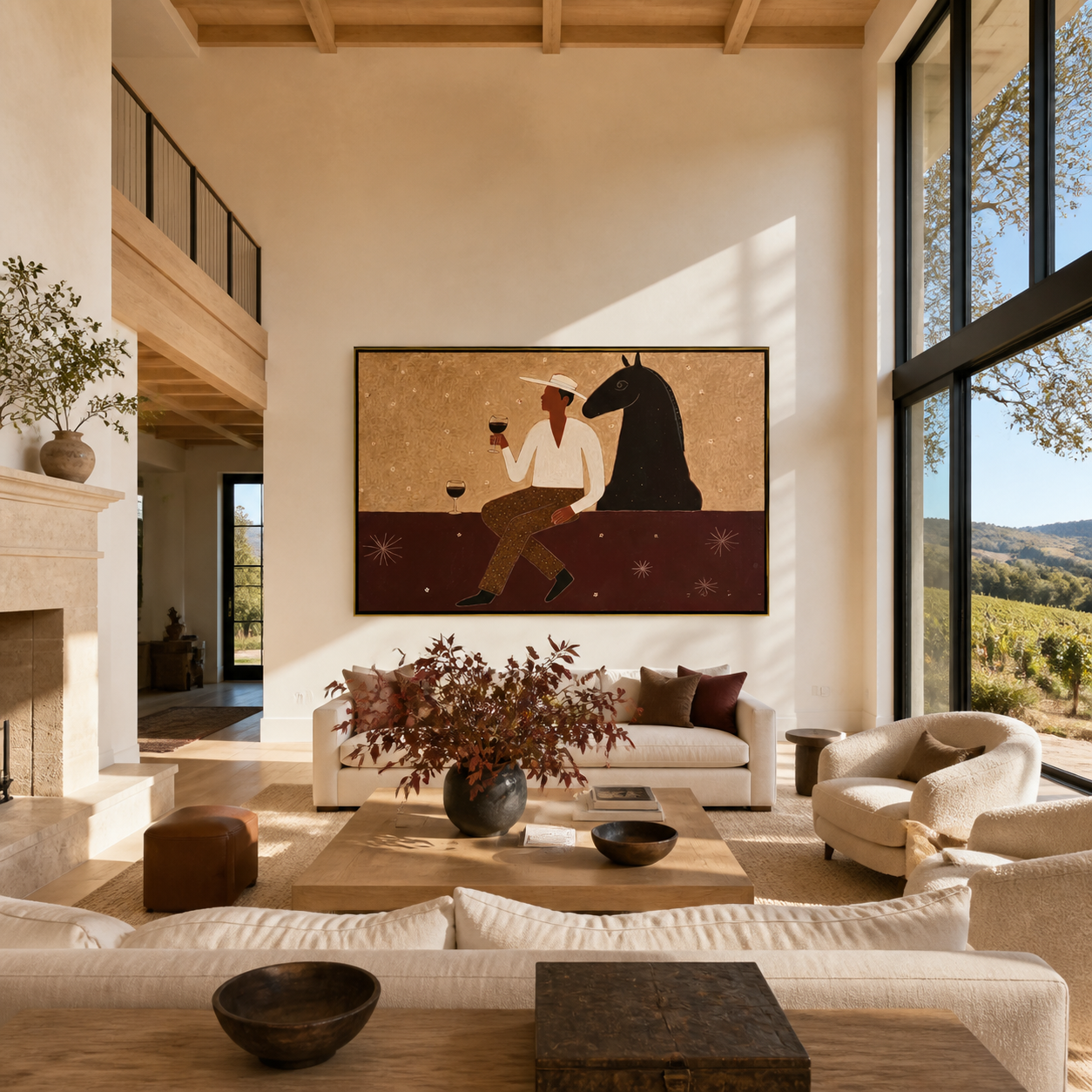 Wine Waits Beside Horse - man and black horse painting by Marcus Lau, retro modern horizontal wall art – styled room scene view 1