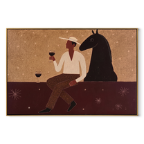 Wine Waits Beside Horse - man and black horse painting by Marcus Lau, retro modern horizontal wall art – wood frame on white background