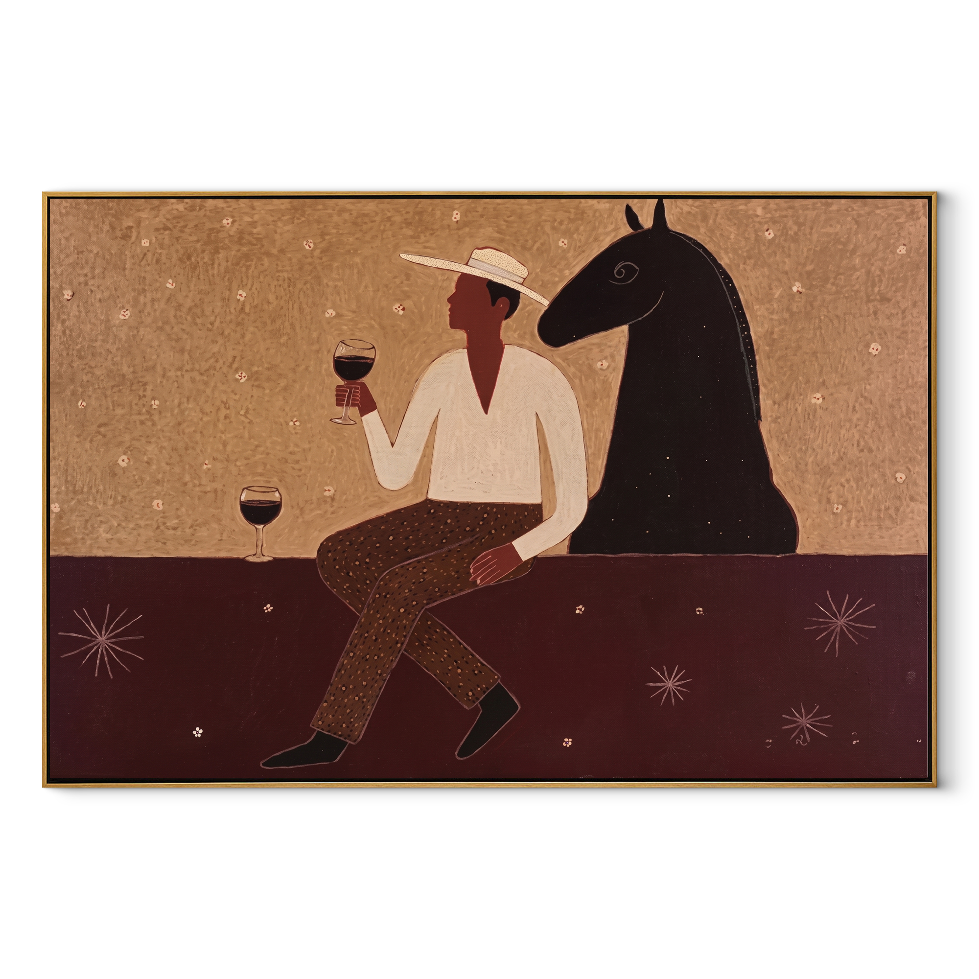 Wine Waits Beside Horse - man and black horse painting by Marcus Lau, retro modern horizontal wall art – wood frame on white background