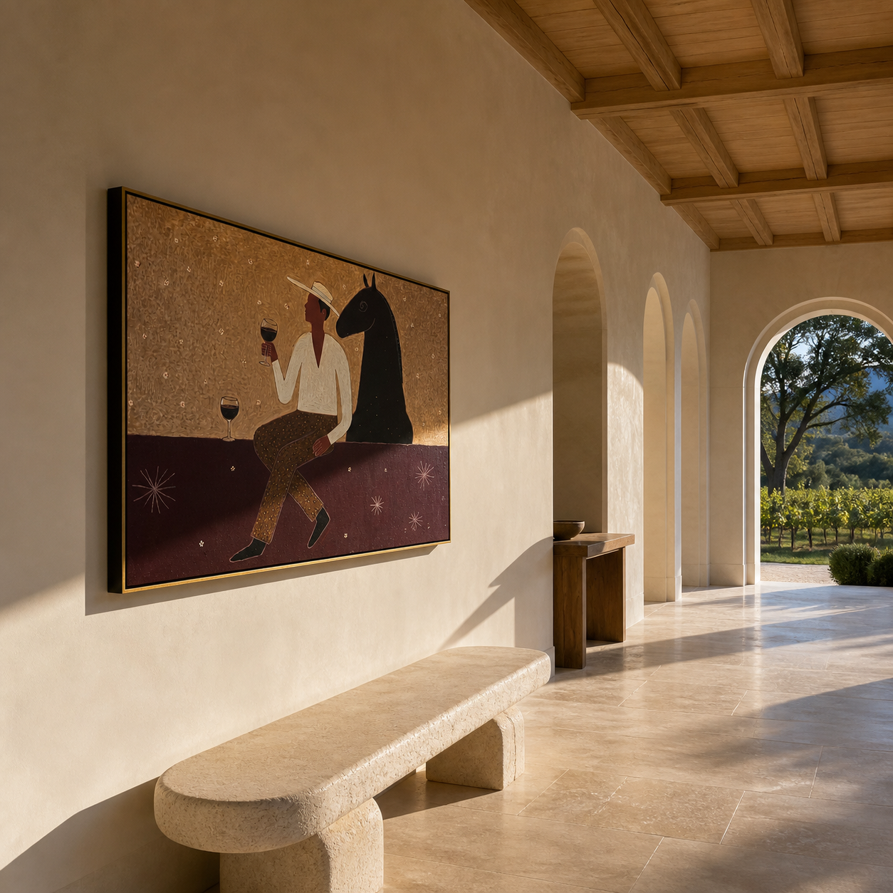 Wine Waits Beside Horse - man and black horse painting by Marcus Lau, retro modern horizontal wall art – styled room scene view 2