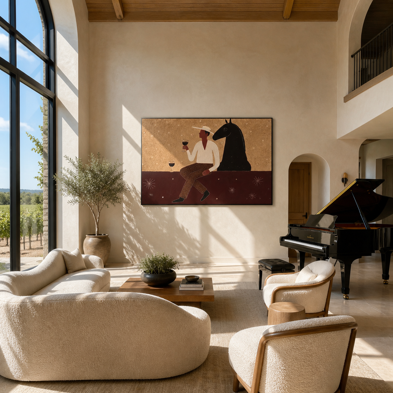 Wine Waits Beside Horse - man and black horse painting by Marcus Lau, retro modern horizontal wall art – styled room scene view 3