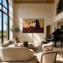 Wine Waits Beside Horse - man and black horse painting by Marcus Lau, retro modern horizontal wall art – styled room scene view 3