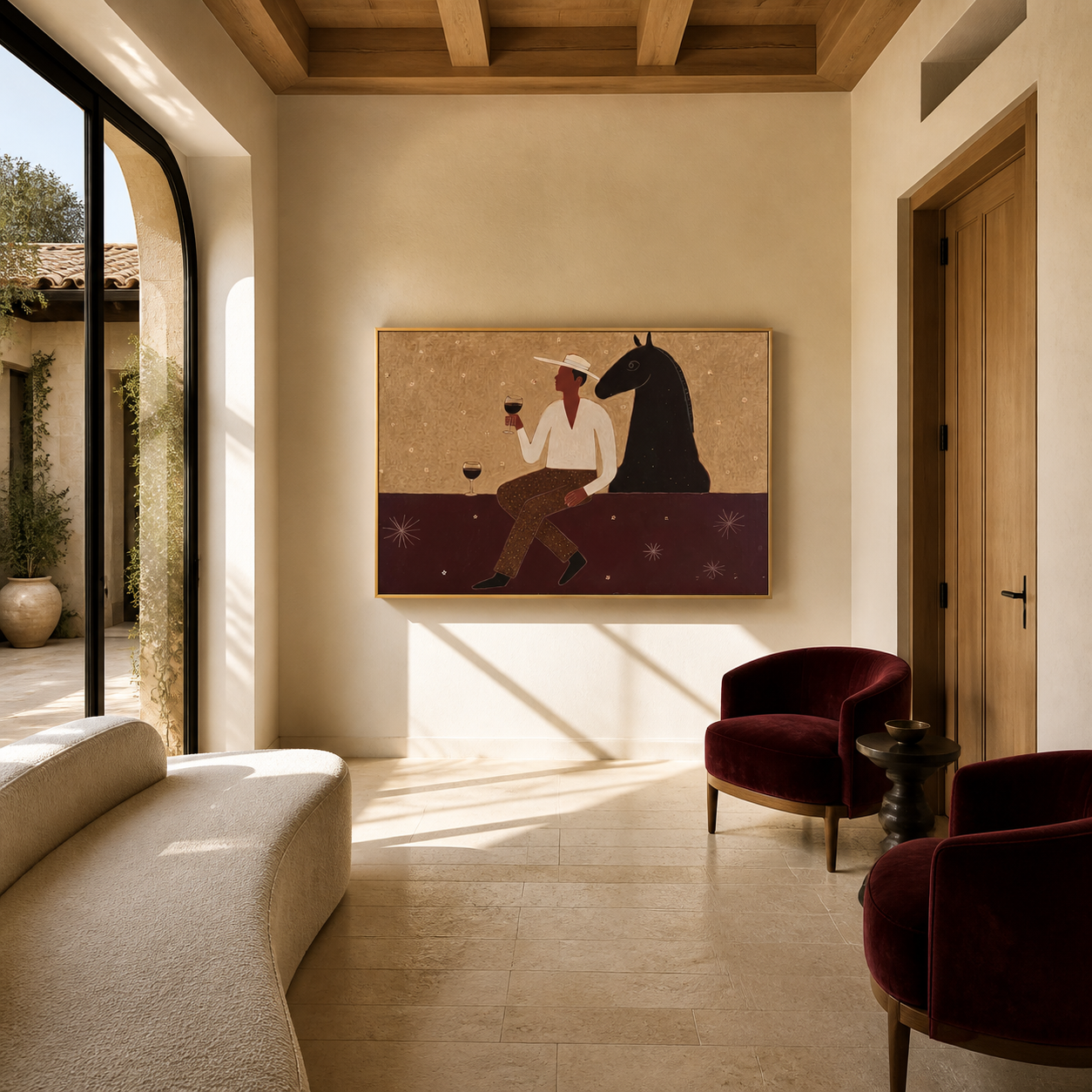 Wine Waits Beside Horse - man and black horse painting by Marcus Lau, retro modern horizontal wall art – styled room scene view 4