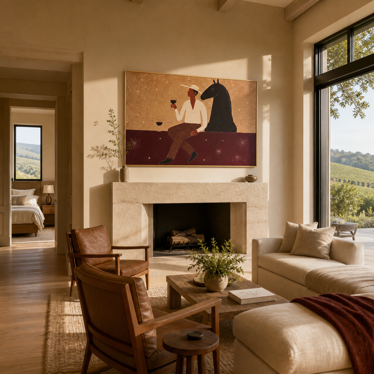 Wine Waits Beside Horse - man and black horse painting by Marcus Lau, retro modern horizontal wall art – styled room scene view 5