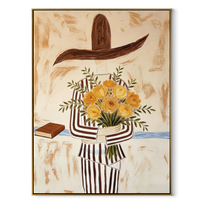 Yellow Roses Hide Stripes - striped woman with roses painting by Marcus Lau, retro modern vertical wall art – wood frame on white background