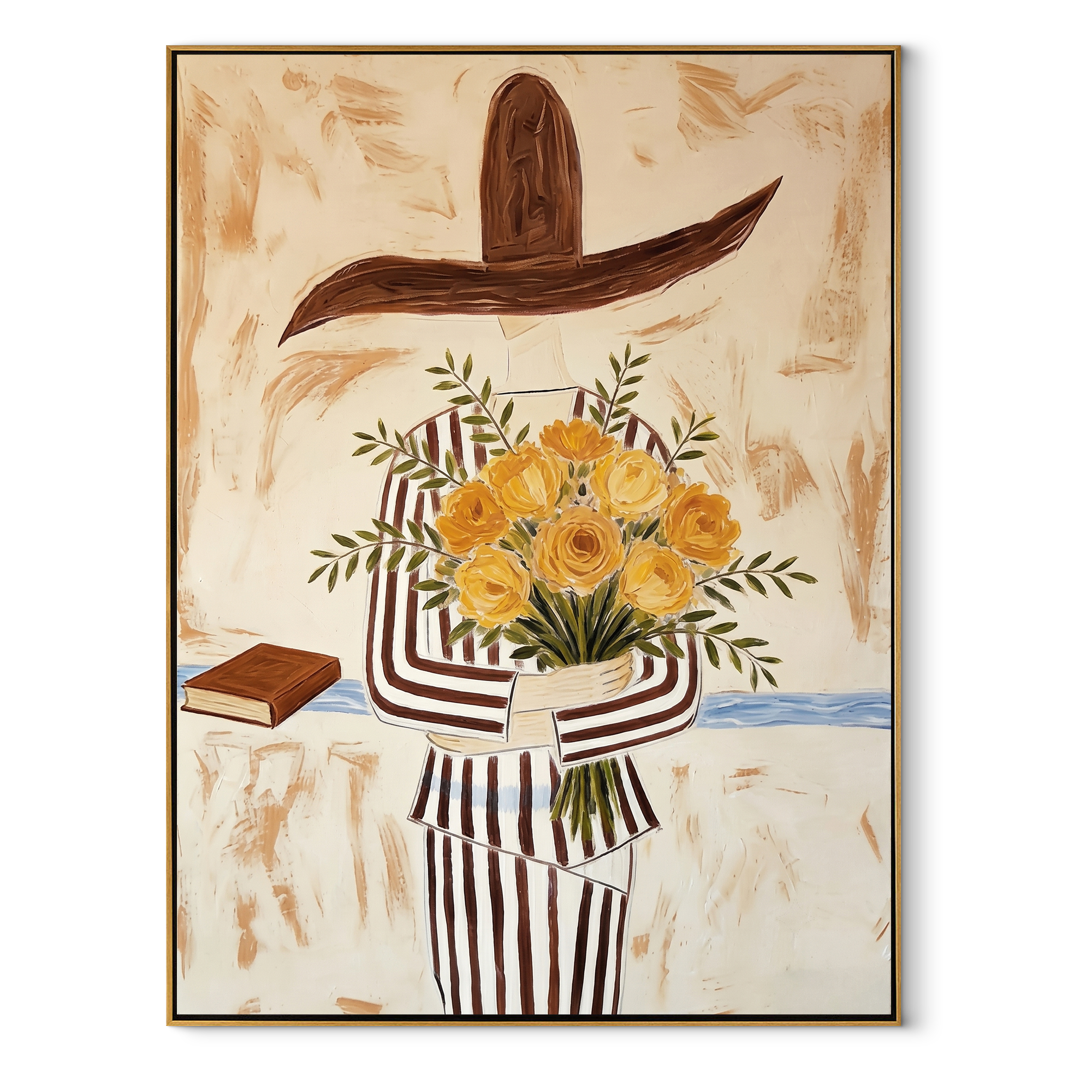 Yellow Roses Hide Stripes - striped woman with roses painting by Marcus Lau, retro modern vertical wall art – wood frame on white background