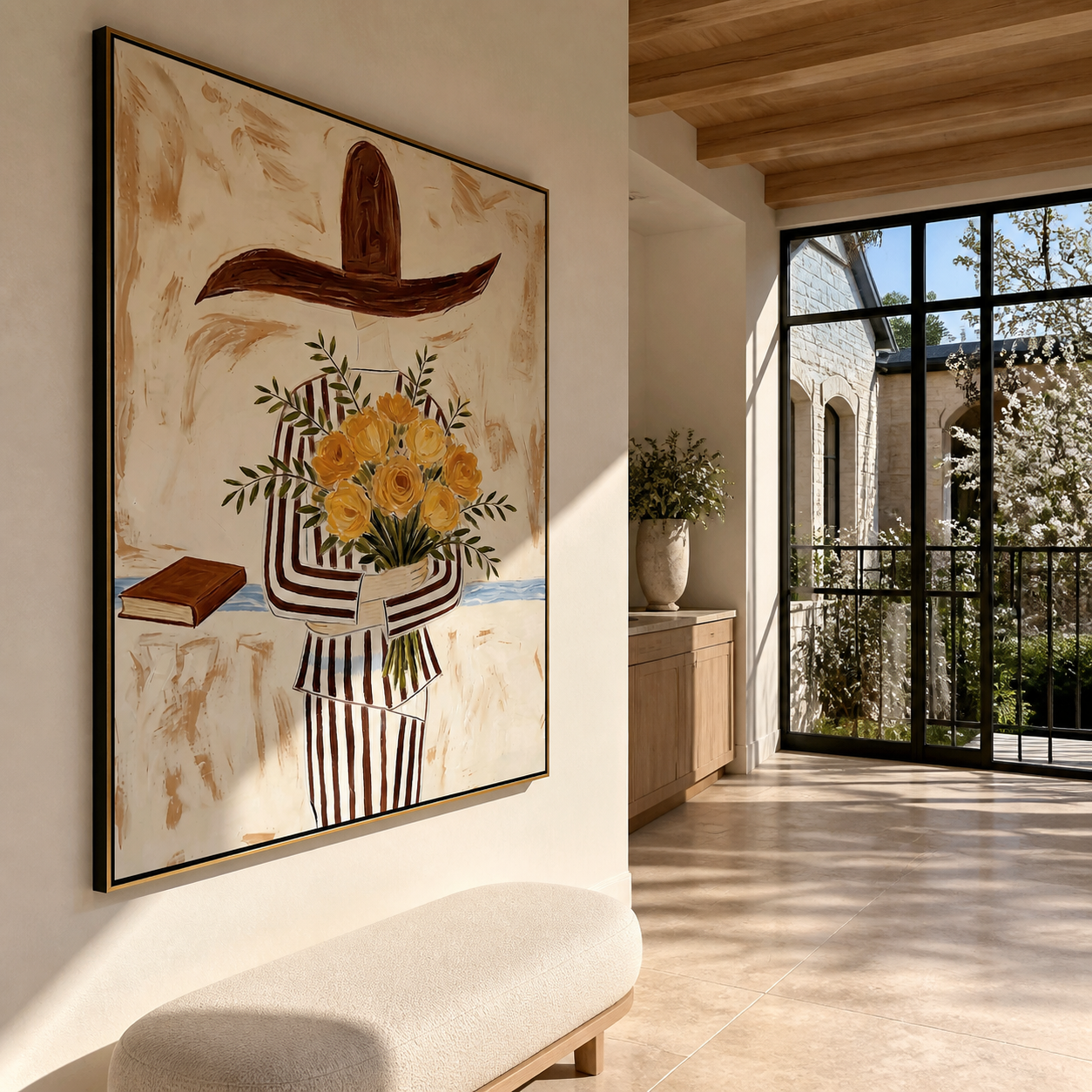 Yellow Roses Hide Stripes - striped woman with roses painting by Marcus Lau, retro modern vertical wall art – styled room scene view 2