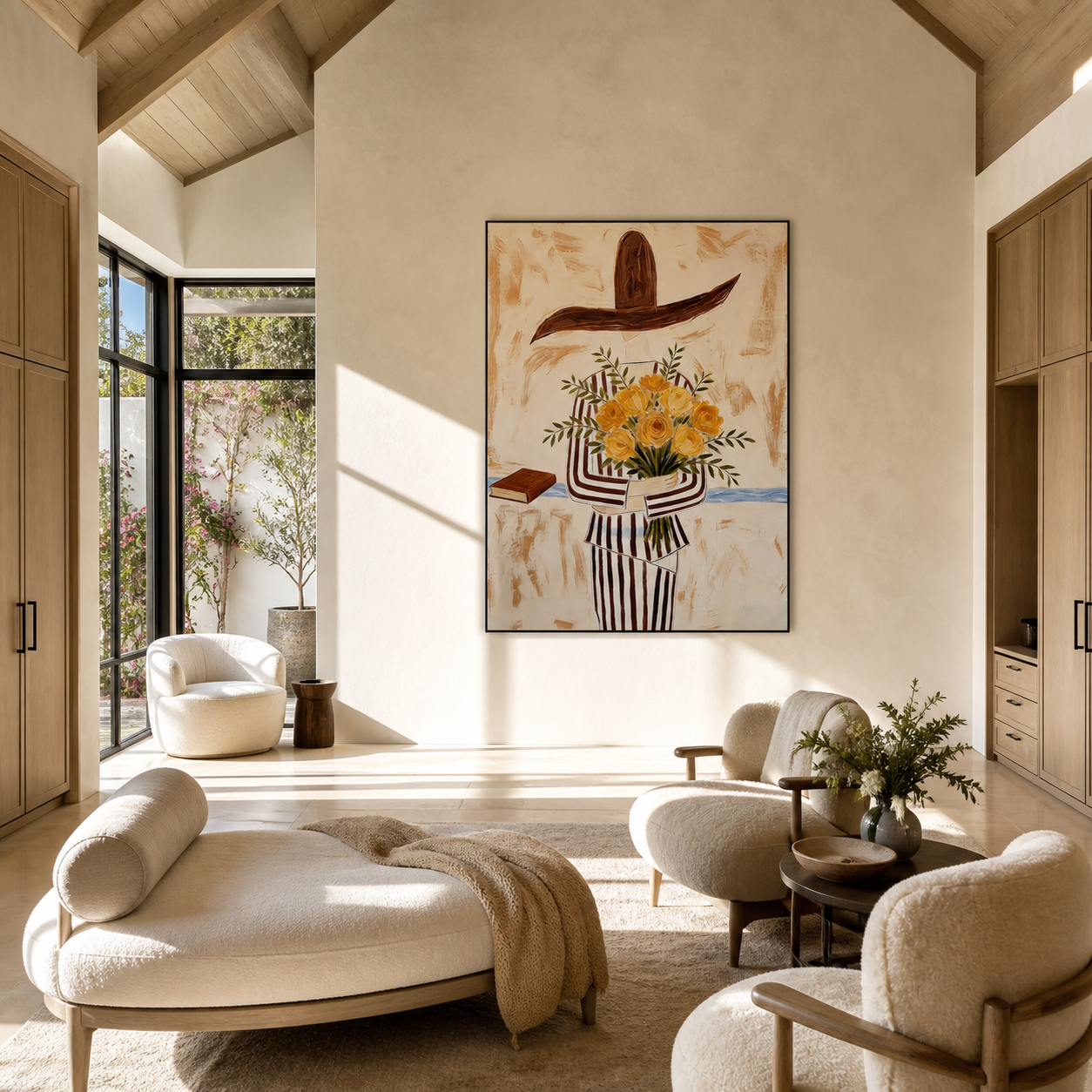 Yellow Roses Hide Stripes - striped woman with roses painting by Marcus Lau, retro modern vertical wall art – styled room scene view 3