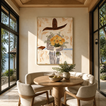 Yellow Roses Hide Stripes - striped woman with roses painting by Marcus Lau, retro modern vertical wall art – styled room scene view 5