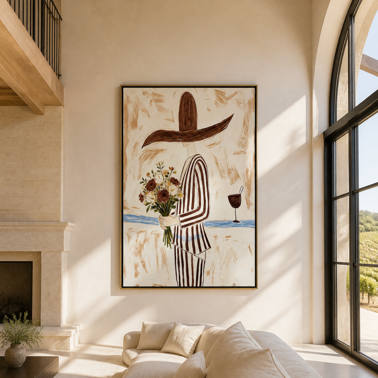 Flowers Meet Wineglass - striped woman floral painting by Marcus Lau, retro modern vertical wall art – styled room scene view 1