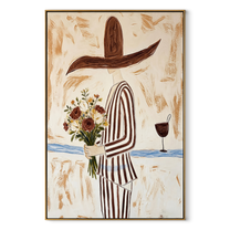 Flowers Meet Wineglass - striped woman floral painting by Marcus Lau, retro modern vertical wall art – wood frame on white background