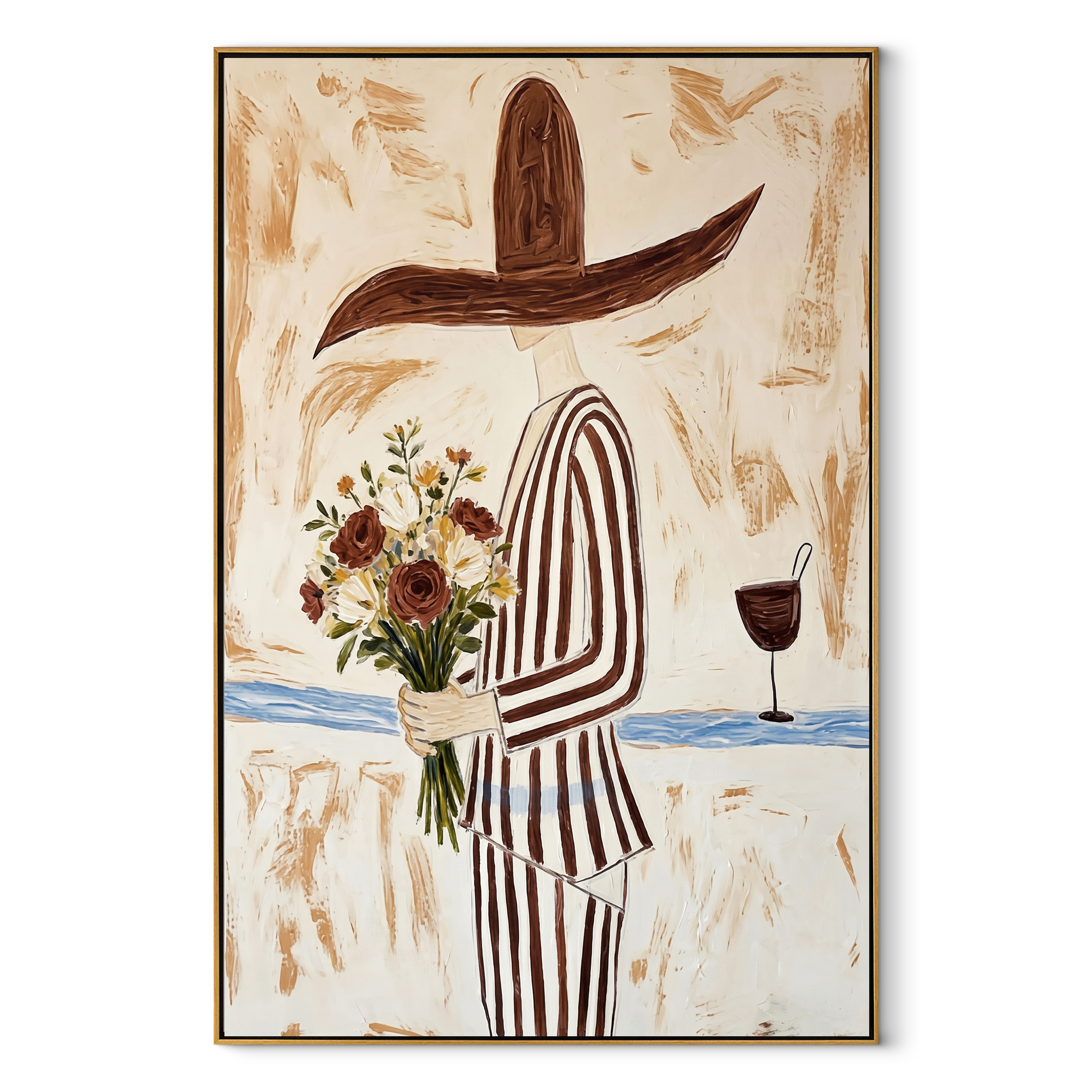 Flowers Meet Wineglass - striped woman floral painting by Marcus Lau, retro modern vertical wall art – wood frame on white background