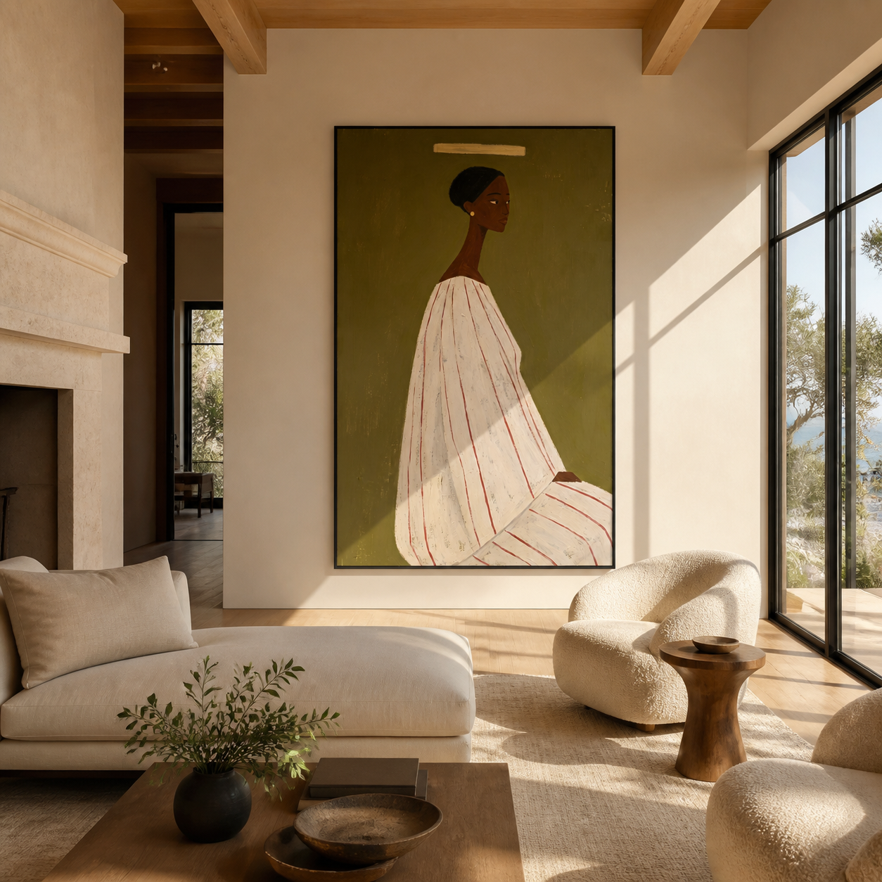 White Gown Faces Olive - woman in white gown painting by Marcus Lau, retro modern vertical wall art – styled room scene view 1