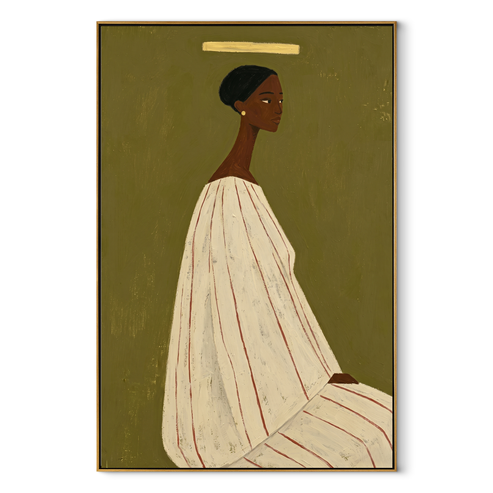 White Gown Faces Olive - woman in white gown painting by Marcus Lau, retro modern vertical wall art – wood frame on white background